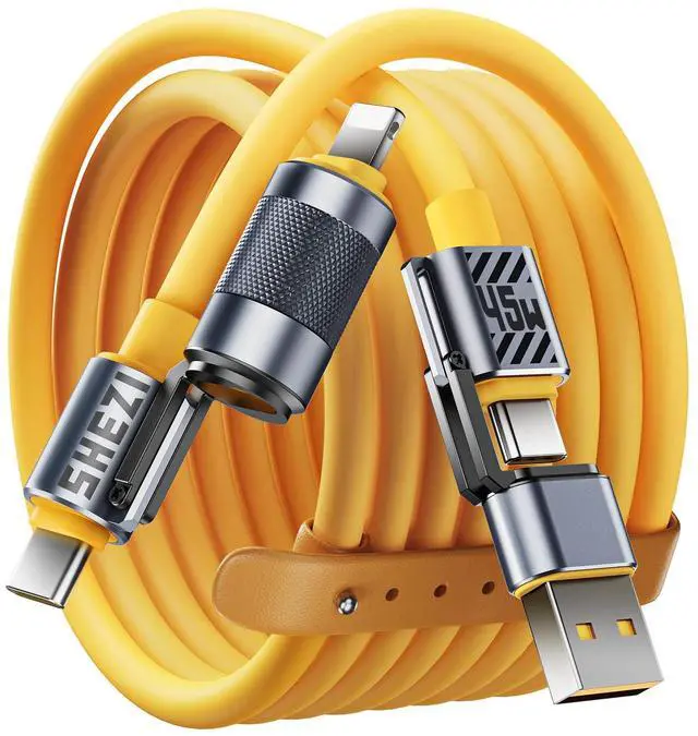 Main image of Vexipia 4 in 1 USB C Cable 45W 5FT Fast Charging & Data Transfer, Thicker Silicone Multi Charger Cord for iPhone iPad Charger Wire Combo with L/Type C/USB A for iPhone 16/15/Macbook (Yellow)