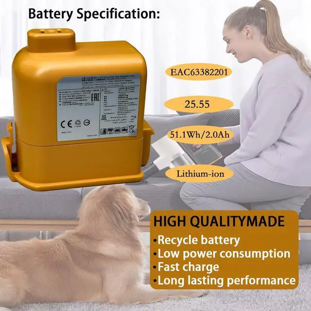 Alt view image 2 of 5 - VVXQING EAC63382208 Battery Compatible with LG Cord Zero A9,A9K-CORE,A9MAX,A9T-Ultra,A9S,A9K-PRO,A9M,A9MULTI,A958,A958SA,A9 Plus A905M A907GMS A905RM A908MVR A929KVM A958S A958SA A9K MAX A916