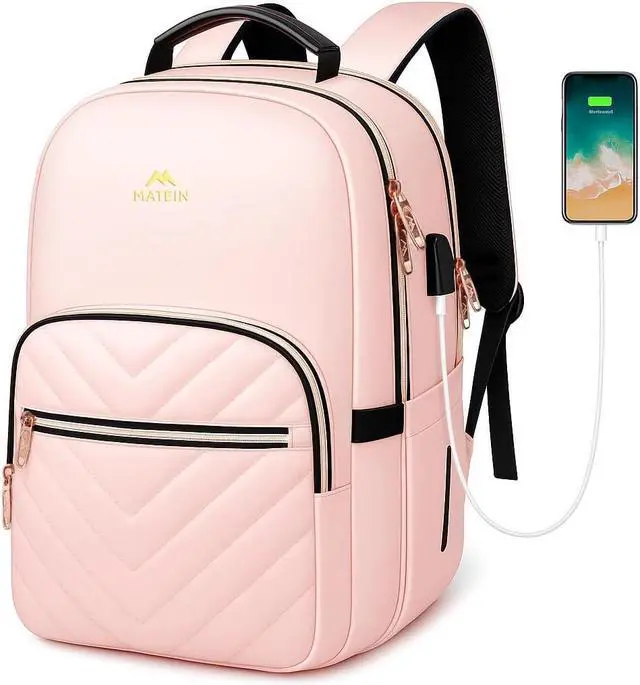 Main image of MATEIN Cute Backpack for Girls, Water Resistant School Backpack with Charging Port Fits 15.6 Inch Laptop, Multi-Functional Bookbag for Middle School with USB Charging Port, Gift for Girls, Pink