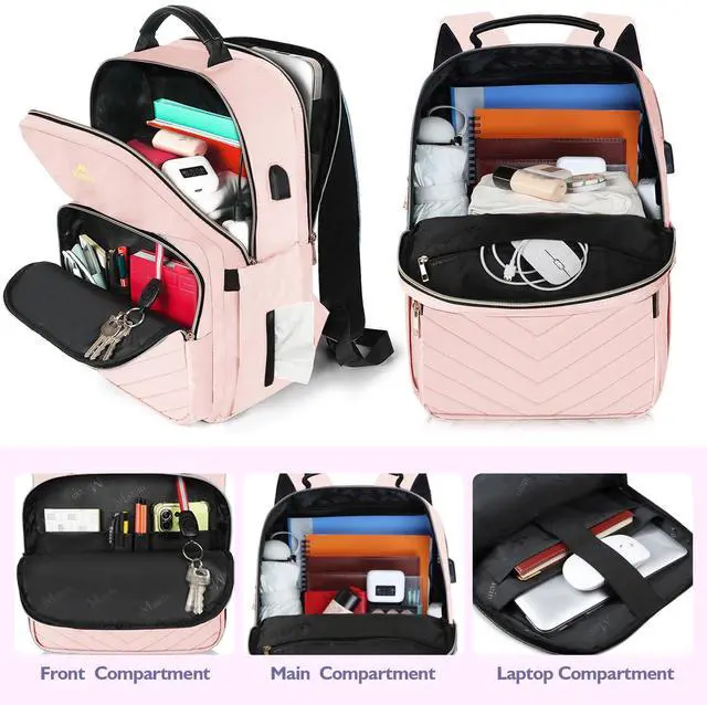 Alt view image 2 of 5 - MATEIN Cute Backpack for Girls, Water Resistant School Backpack with Charging Port Fits 15.6 Inch Laptop, Multi-Functional Bookbag for Middle School with USB Charging Port, Gift for Girls, Pink