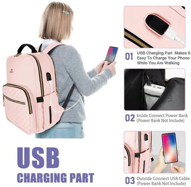 Alt view image 3 of 5 - MATEIN Cute Backpack for Girls, Water Resistant School Backpack with Charging Port Fits 15.6 Inch Laptop, Multi-Functional Bookbag for Middle School with USB Charging Port, Gift for Girls, Pink