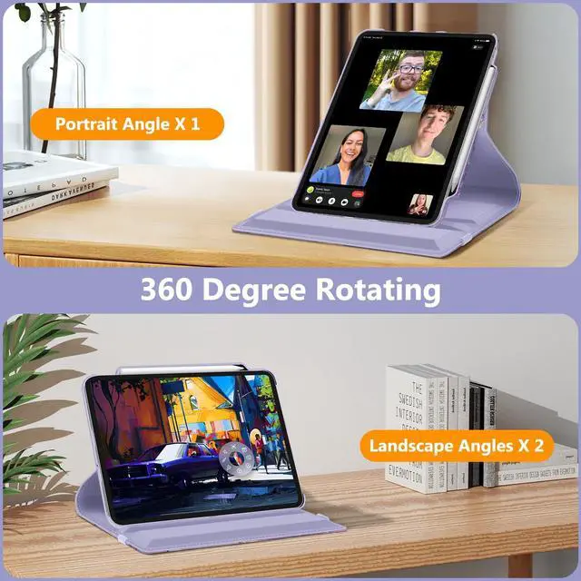 Alt view image 4 of 5 - Fintie Rotating Case for iPad Pro 13-inch (M4) 2024 with Pencil Holder - 360 Degree Swiveling Protective Stand Cover with Auto Wake/Sleep, Lilac Marble