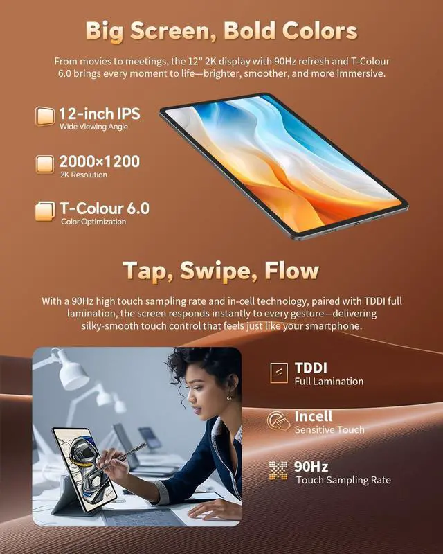 Alt view image 2 of 5 - TECLAST T60Pro Tablet, 12'' Android 15 Tablet, 2K Resolution, 20GB+128GB, 8-core Helio G99 for Streaming, 8000mAh/15W Fast Charge, 2.4GHz+5GHz WiFi, GPS, Four Speakers, Widevine L1, 8+13MP
