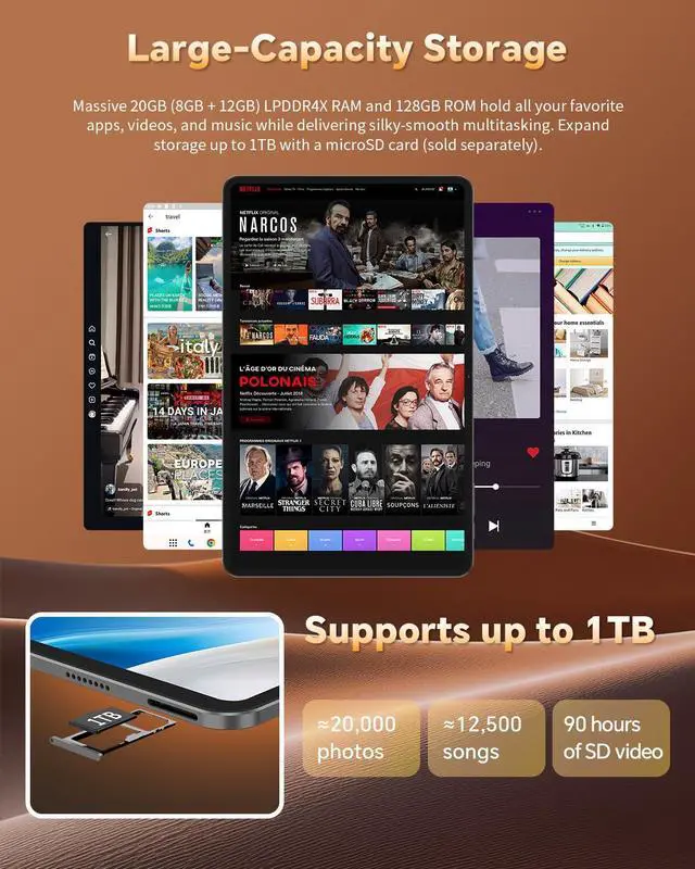 Alt view image 4 of 5 - TECLAST T60Pro Tablet, 12'' Android 15 Tablet, 2K Resolution, 20GB+128GB, 8-core Helio G99 for Streaming, 8000mAh/15W Fast Charge, 2.4GHz+5GHz WiFi, GPS, Four Speakers, Widevine L1, 8+13MP