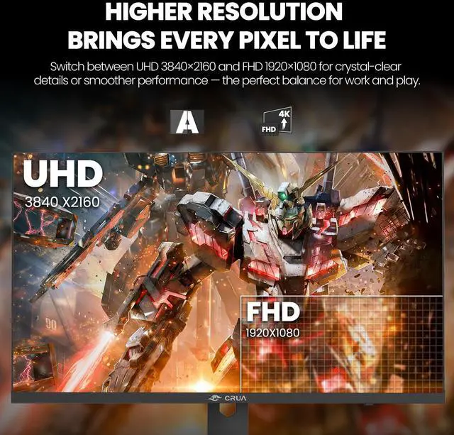 Alt view image 3 of 5 - CRUA 27 4K Gaming Monitor, UHD 3840x2160 160Hz IPS Screen, Height/Pivot/Swivel/Tilt Adjustable Vertical Monitor, Support AMD FreeSync, Built-in Speakers, 120% sRGB, PIP/PBP, HDMI 2.1 & DP 1.4-Black