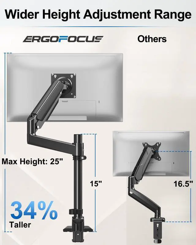 Alt view image 3 of 5 - ErgoFocus Heavy Duty Single Monitor Mount for Max 49 inch, Hold 4.4 to 44 lbs Ultrawide Screens, Premium Monitor Arm for Samsung Odyssey G9 and More, Adjustable Gas Spring Desk Stand, VESA Mount