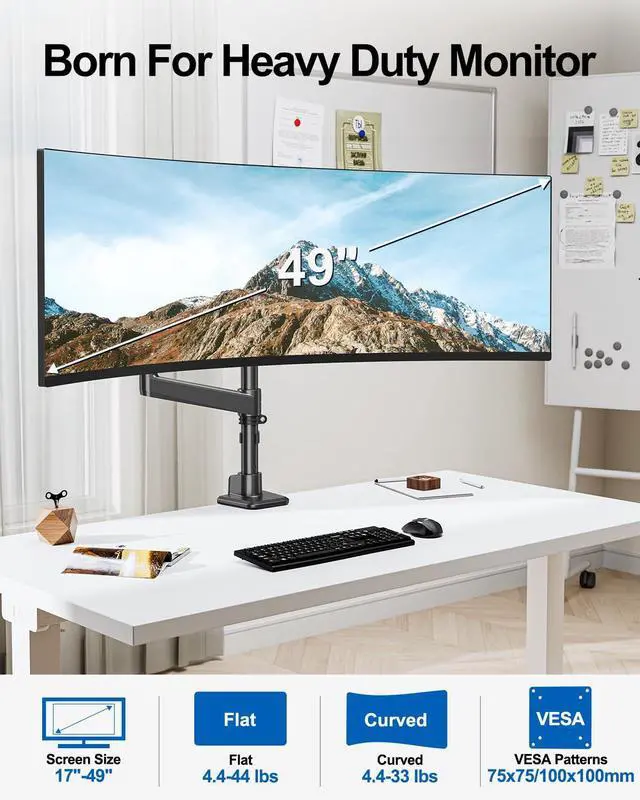 Alt view image 2 of 5 - ErgoFocus Heavy Duty Single Monitor Mount for Max 49 inch, Hold 4.4 to 44 lbs Ultrawide Screens, Premium Monitor Arm for Samsung Odyssey G9 and More, Adjustable Gas Spring Desk Stand, VESA Mount