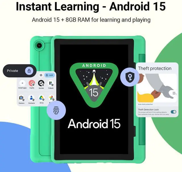 Alt view image 2 of 5 - UEMXDOX Kids Tablet, 2025 Android 15 Tablet for Kids Age 3+, 8GB+64GB, Expandable to 512GB, 10" Touch Screen with Case, WiFi 6, BT5, Pre-Installed Parental Controls, Kids Space, Family Link (Green)
