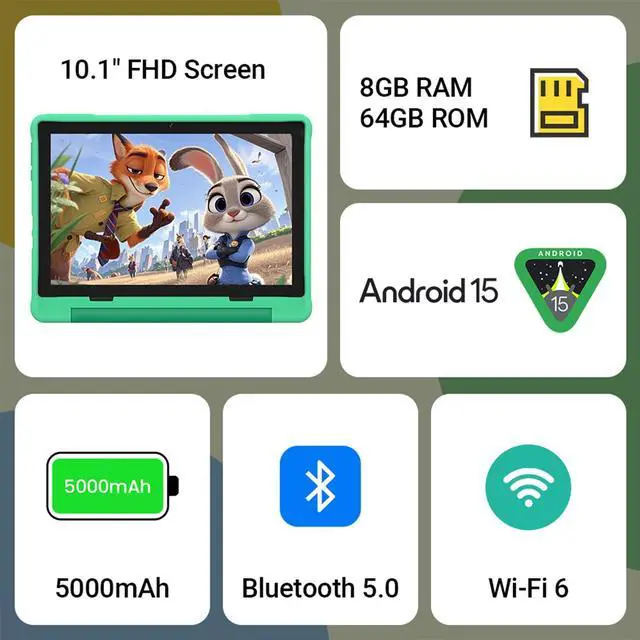 Alt view image 3 of 5 - UEMXDOX Kids Tablet, 2025 Android 15 Tablet for Kids Age 3+, 8GB+64GB, Expandable to 512GB, 10" Touch Screen with Case, WiFi 6, BT5, Pre-Installed Parental Controls, Kids Space, Family Link (Green)