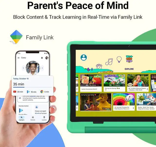 Alt view image 5 of 5 - UEMXDOX Kids Tablet, 2025 Android 15 Tablet for Kids Age 3+, 8GB+64GB, Expandable to 512GB, 10" Touch Screen with Case, WiFi 6, BT5, Pre-Installed Parental Controls, Kids Space, Family Link (Green)