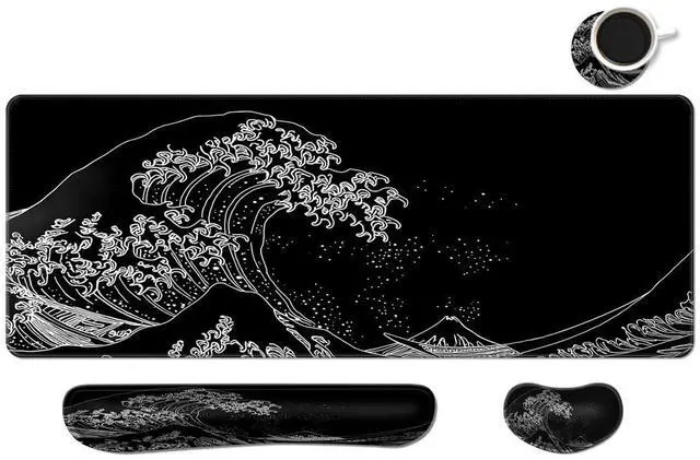 Main image of MIBITRI Keyboard Mouse Pad Set, Extended Gaming Mouse Pad+Ergonomics Keyboard Wrist Rest Support, Memory Foam, Easy Typing Pain Relief, 4Pcs XXL Ultra Thick Desk Mat, Japanese Wave