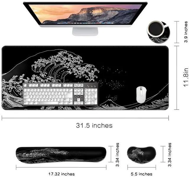 Alt view image 2 of 5 - MIBITRI Keyboard Mouse Pad Set, Extended Gaming Mouse Pad+Ergonomics Keyboard Wrist Rest Support, Memory Foam, Easy Typing Pain Relief, 4Pcs XXL Ultra Thick Desk Mat, Japanese Wave