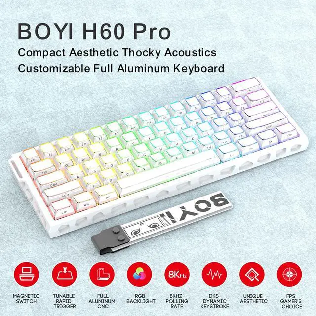 Alt view image 2 of 5 - BOYI H60Pro Hollow Aluminum Rapid Trigger Magnetic Switch Keyboard,Hall Effect 8K Polling Rate RGB 60% Wired Compact 0.01mm Adjustable Actuation Gaming Keyboard(White Crystal Jelly Keycaps)
