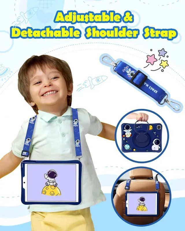 Alt view image 3 of 5 - Wazzasoft for iPad Air 5th/4th Generation Case/Pro 11 Case Boys Cute Astronaut Cover Kawaii 3D Cartoon Spacemen with Rotating Handle Stand+Strap Silicone Funda for Apple iPad Air Cases 5/4 Gen, Pro 11