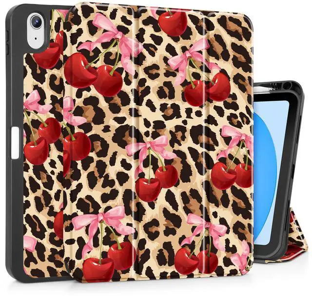 Main image of May Chen for iPad (A16) 11th Generation Case 11 Inch 2025, iPad 10th Gen Case 2022 10.9 inch, Trifold Stand with Auto Wake/Sleep Soft TPU Protective Stand Back Cover, Cherry & Cheetah