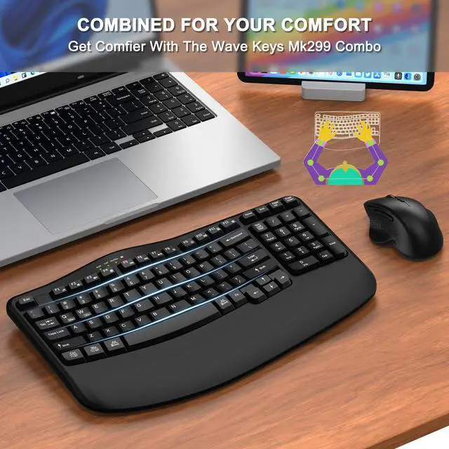 Alt view image 2 of 5 - Wireless Keyboard and Mouse Combo, 2.4G Wave Keys Ergonomic Keyboard with Wrist Rest and 3 Level DPI Advanced Wireless Ergonomic Mouse, Natural Typing for Windows, Mac OS Desktop Laptop