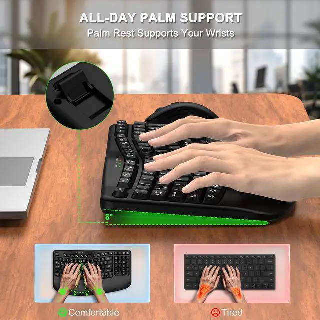 Alt view image 3 of 5 - Wireless Keyboard and Mouse Combo, 2.4G Wave Keys Ergonomic Keyboard with Wrist Rest and 3 Level DPI Advanced Wireless Ergonomic Mouse, Natural Typing for Windows, Mac OS Desktop Laptop