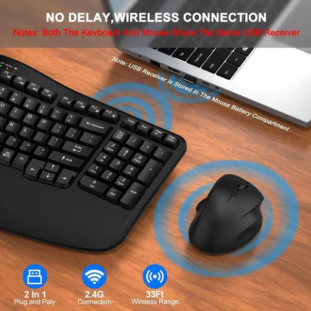 Alt view image 4 of 5 - Wireless Keyboard and Mouse Combo, 2.4G Wave Keys Ergonomic Keyboard with Wrist Rest and 3 Level DPI Advanced Wireless Ergonomic Mouse, Natural Typing for Windows, Mac OS Desktop Laptop