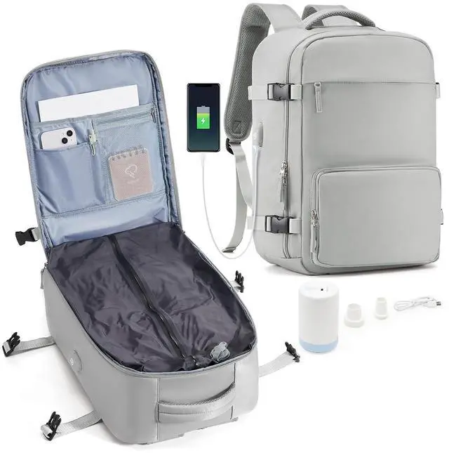 Main image of suradar Vacuum Travel Backpack with Pump Vacuum Compression Seal Vacpack Air Backpack Laptop Backpack for Women Men Carry on Backpack Personal Item Travel Bag Luggage Flight Approved Grey Brown