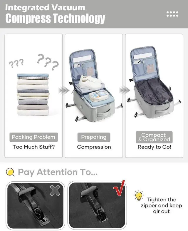 Alt view image 3 of 5 - suradar Vacuum Travel Backpack with Pump Vacuum Compression Seal Vacpack Air Backpack Laptop Backpack for Women Men Carry on Backpack Personal Item Travel Bag Luggage Flight Approved Grey Brown