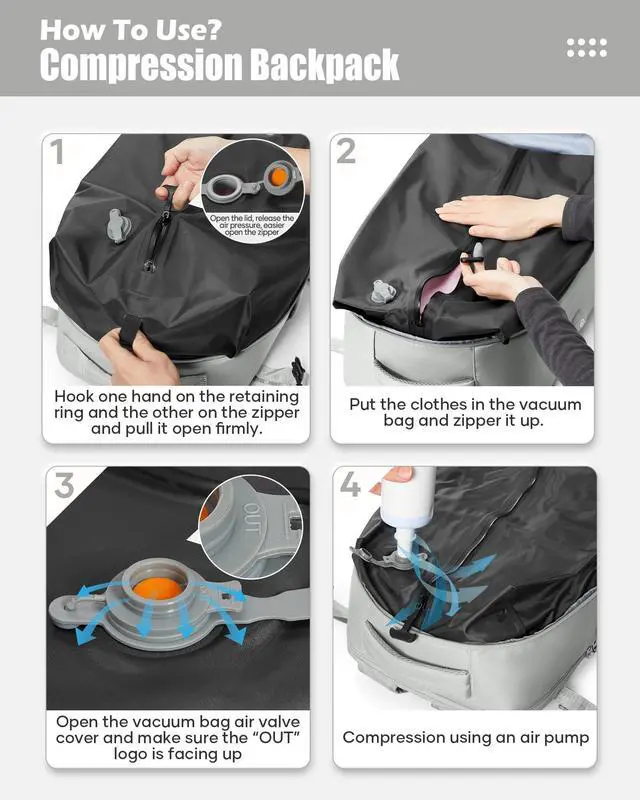 Alt view image 4 of 5 - suradar Vacuum Travel Backpack with Pump Vacuum Compression Seal Vacpack Air Backpack Laptop Backpack for Women Men Carry on Backpack Personal Item Travel Bag Luggage Flight Approved Grey Brown