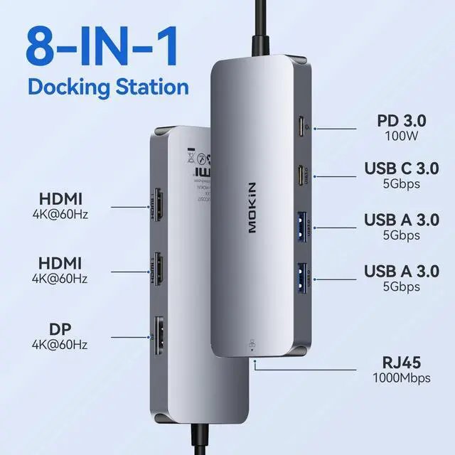 Alt view image 2 of 5 - Docking Station for 3 Monitors, 8 in 1 USB C Docking Station Dual HDMI, Triple 4K Display with 2 HDMI and 1 Displayport, 1 Gbps Ethernet, 100W PD Charging, 3 USB 3.0 Ports for HP, Lenovo (Grey)