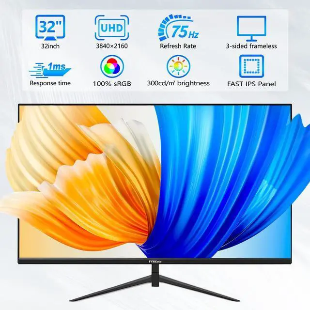Alt view image 2 of 5 - 32 Inch 4K UHD 3840 * 2160 Computer Monitor 75hz 1MS, IPS Monitor for Design, Casual Gaming, Work, Ultra-Slim Bezel Monitor Support Adaptive-Sync,100% sRGB,HDR,2X DP & 2X HDMI, VESA 100 * 100mm