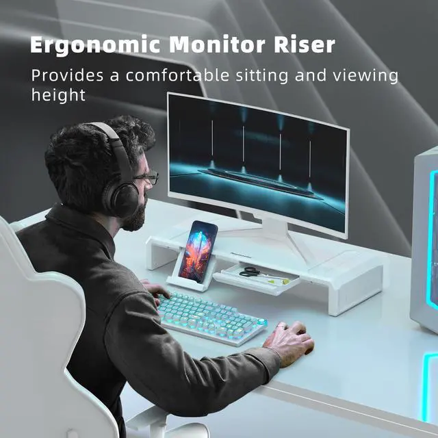 Alt view image 4 of 5 - Heymaster Monitor Stand Riser, Foldable Computer Monitor Riser, Adjustable Length Computer Stand, Desk Shelf Riser with Storage Drawer &Tablet Phone Stand for Desktop, Laptop