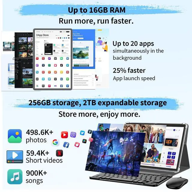 Alt view image 3 of 5 - Android 15 Tablet with Keyboard, 16GB8+8RAM+256 Storage(Expand to 2TB), 8000mAh Battery, Widevine L1,10 Inch Tablets with 5G/2.4G WiFi, BT5.0, GMS Certified, with Mouse, Case, Stylus (Pink Case)