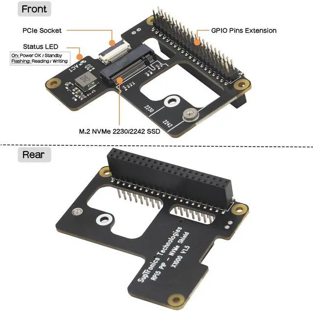 Alt view image 2 of 5 - Geekworm X1000 PCIe M.2 Key-M NVMe SSD PIP PCIe Peripheral Board with PD 27W Power Supply for Raspberry Pi 5