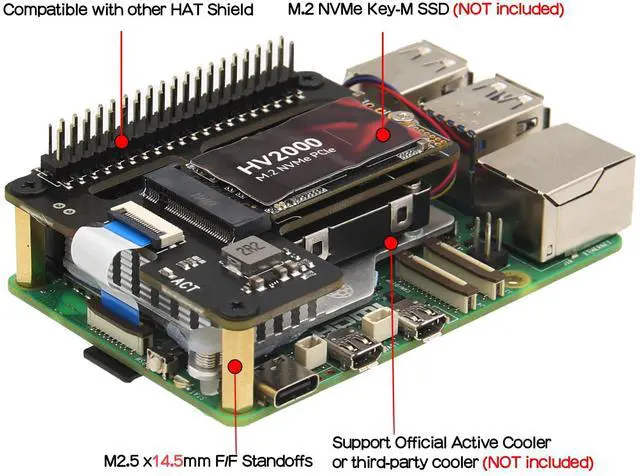 Alt view image 3 of 5 - Geekworm X1000 PCIe M.2 Key-M NVMe SSD PIP PCIe Peripheral Board with PD 27W Power Supply for Raspberry Pi 5