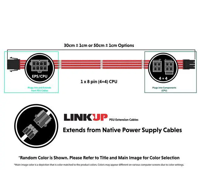 Alt view image 2 of 5 - LINKUP - AVA 50cm EPS 8P(4+4) CPU ATX Motherboard PSU Power Supply Braided Sleeved Custom Mod PC Extension Cable w/Combs | Strong & Stiff Design | Single Pack | 500mm - WhiteBlack