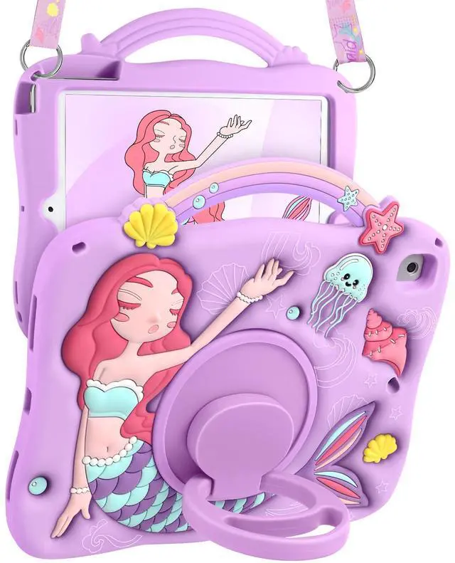 Main image of Boaretiu for iPad 6th/5th Generation Case - Pro 9.7 Inch Cute Cartoon Mermaids Girls Teens Soft 3D Silicone for iPad Air 2/Air 1 Tablet Cover with Strap & Rotating Stand