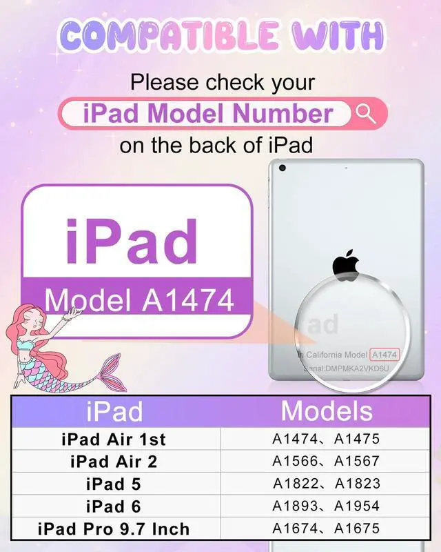 Alt view image 2 of 5 - Boaretiu for iPad 6th/5th Generation Case - Pro 9.7 Inch Cute Cartoon Mermaids Girls Teens Soft 3D Silicone for iPad Air 2/Air 1 Tablet Cover with Strap & Rotating Stand