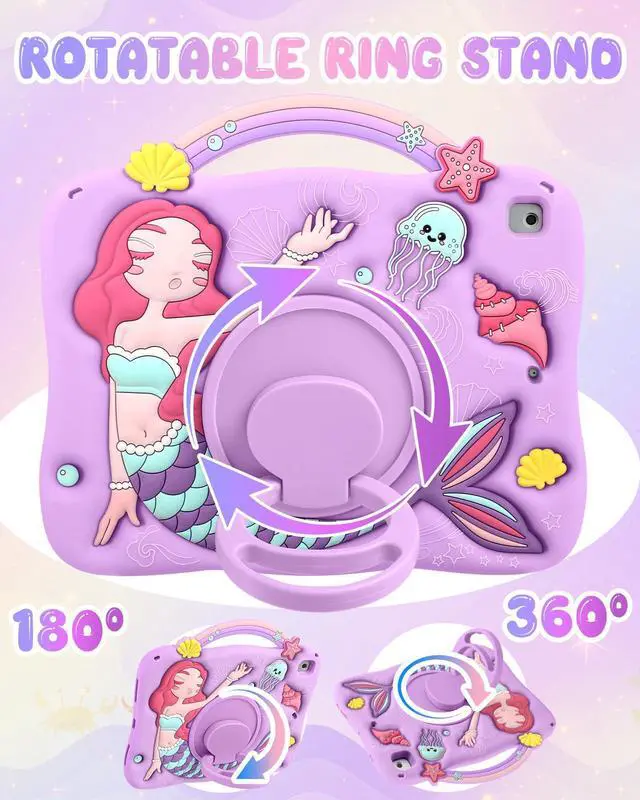 Alt view image 3 of 5 - Boaretiu for iPad 6th/5th Generation Case - Pro 9.7 Inch Cute Cartoon Mermaids Girls Teens Soft 3D Silicone for iPad Air 2/Air 1 Tablet Cover with Strap & Rotating Stand