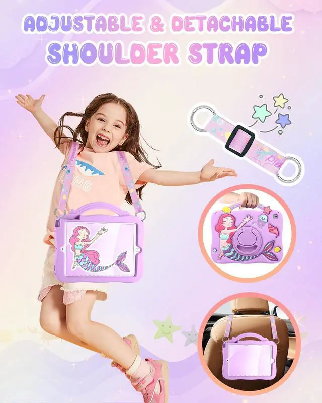 Alt view image 4 of 5 - Boaretiu for iPad 6th/5th Generation Case - Pro 9.7 Inch Cute Cartoon Mermaids Girls Teens Soft 3D Silicone for iPad Air 2/Air 1 Tablet Cover with Strap & Rotating Stand