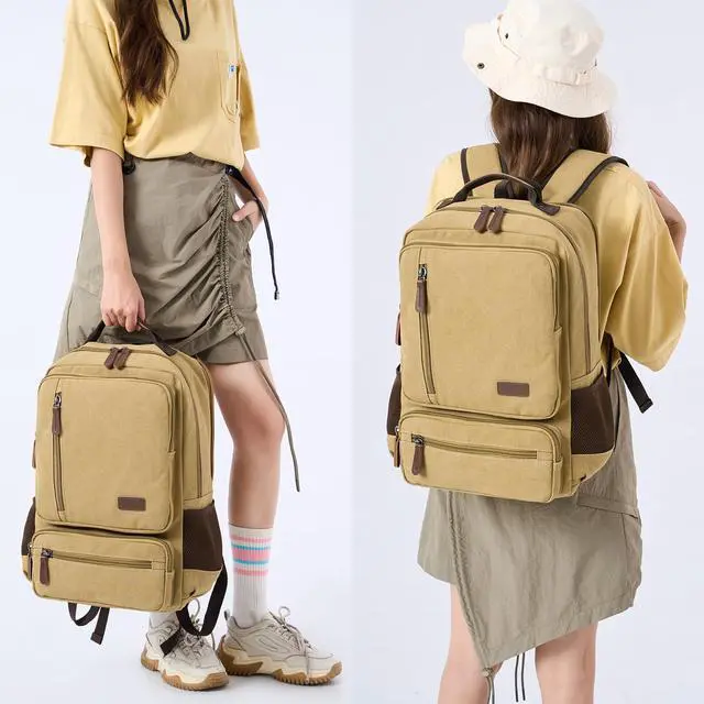 Alt view image 3 of 5 - Canvas Laptop Backpack for Men Women,Durable Travel Work Business Rucksack Bookbags Fits 15.6 Inch Notebook & Laptops,College Backpacks Computer Bag Weekender Hiking Daypack(Khaki)