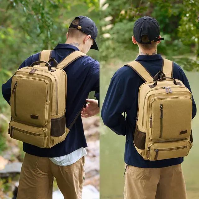 Alt view image 2 of 5 - Canvas Laptop Backpack for Men Women,Durable Travel Work Business Rucksack Bookbags Fits 15.6 Inch Notebook & Laptops,College Backpacks Computer Bag Weekender Hiking Daypack(Khaki)