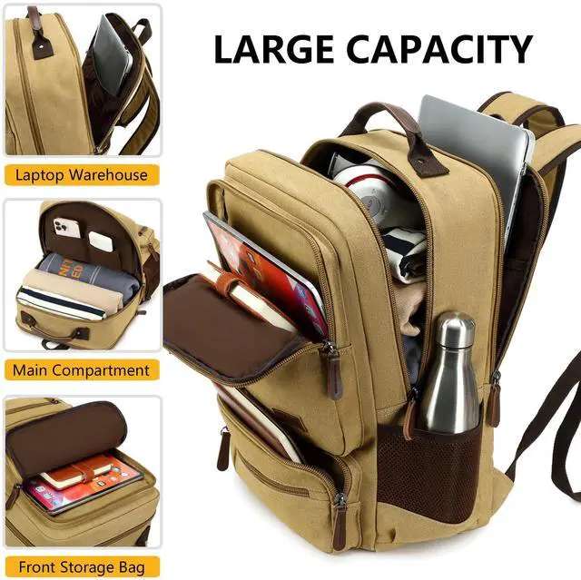Alt view image 4 of 5 - Canvas Laptop Backpack for Men Women,Durable Travel Work Business Rucksack Bookbags Fits 15.6 Inch Notebook & Laptops,College Backpacks Computer Bag Weekender Hiking Daypack(Khaki)