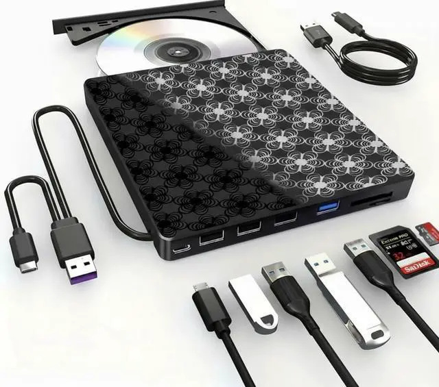Main image of External CD/DVD Drive for Laptop, DVD Player, 8 in 1 USB 3.0 Ultra-Slim Portable, CD Burner External Disk Drive Optical Compatible with with Desktop PC Windows 11/10/8 Linux Mac OS Mac MacBook Pro/Air