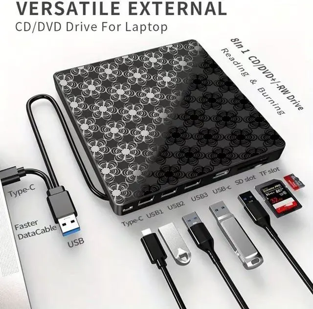 Alt view image 5 of 5 - External CD/DVD Drive for Laptop, DVD Player, 8 in 1 USB 3.0 Ultra-Slim Portable, CD Burner External Disk Drive Optical Compatible with with Desktop PC Windows 11/10/8 Linux Mac OS Mac MacBook Pro/Air