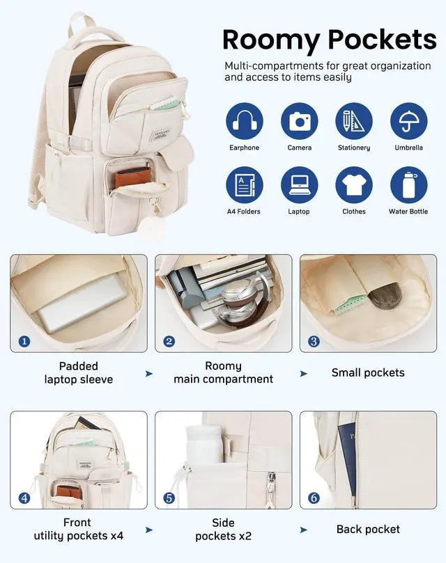 Alt view image 2 of 5 - Teen Girls Backpack for School, Multi-pocket Aesthetic Middle School Book Bag College Travel Back Pack Kid Casual Laptop Backpack for Women (Beige)