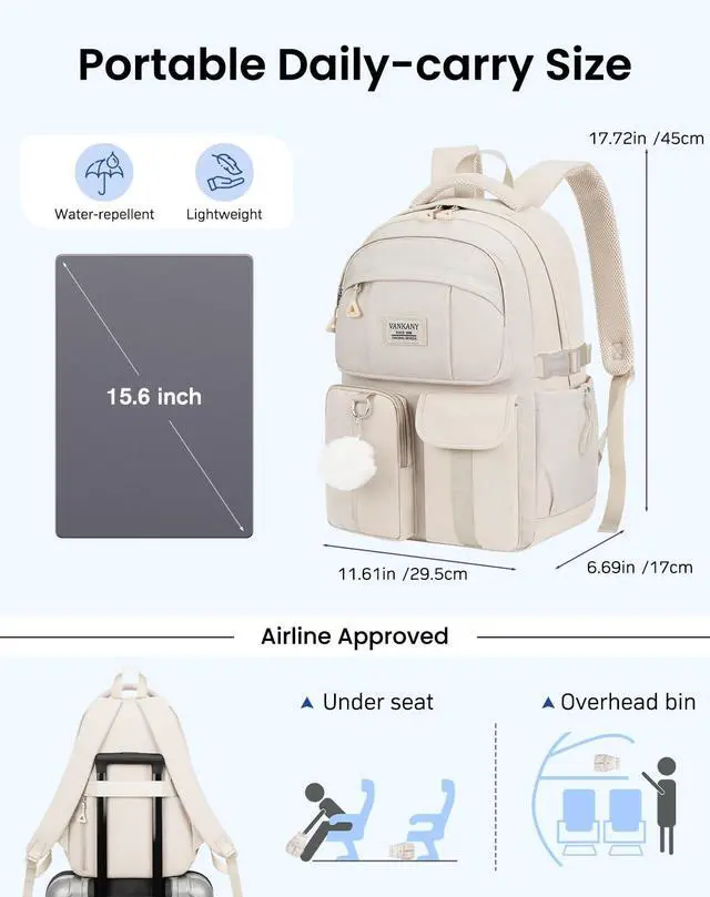 Alt view image 3 of 5 - Teen Girls Backpack for School, Multi-pocket Aesthetic Middle School Book Bag College Travel Back Pack Kid Casual Laptop Backpack for Women (Beige)
