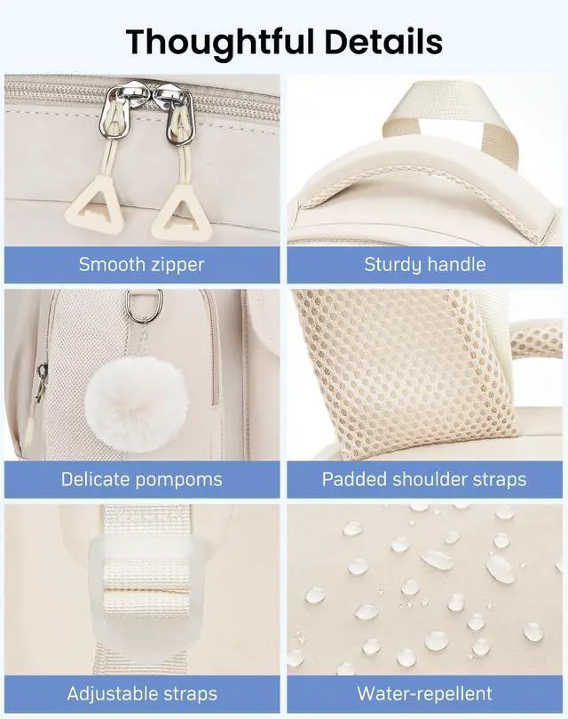 Alt view image 4 of 5 - Teen Girls Backpack for School, Multi-pocket Aesthetic Middle School Book Bag College Travel Back Pack Kid Casual Laptop Backpack for Women (Beige)