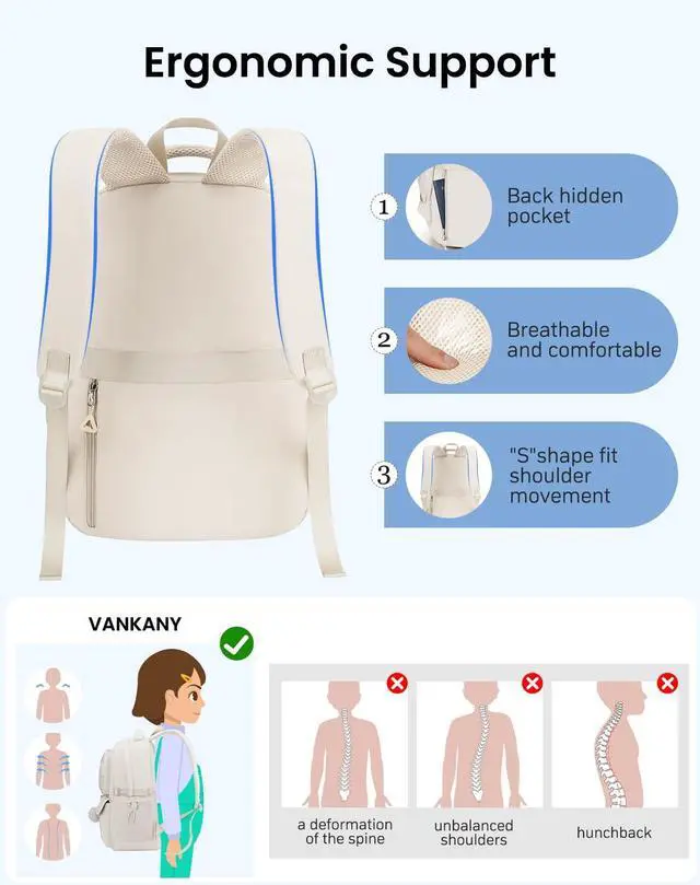 Alt view image 5 of 5 - Teen Girls Backpack for School, Multi-pocket Aesthetic Middle School Book Bag College Travel Back Pack Kid Casual Laptop Backpack for Women (Beige)