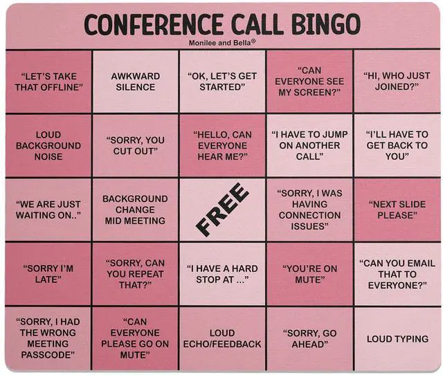 Main image of Monilee and Bella Fun and Functional Conference Call Bingo Mouse Pad - Perfect Office Gift for Co-Workers - Spice Up Virtual Meetings with Humor and Efficiency (Pink)