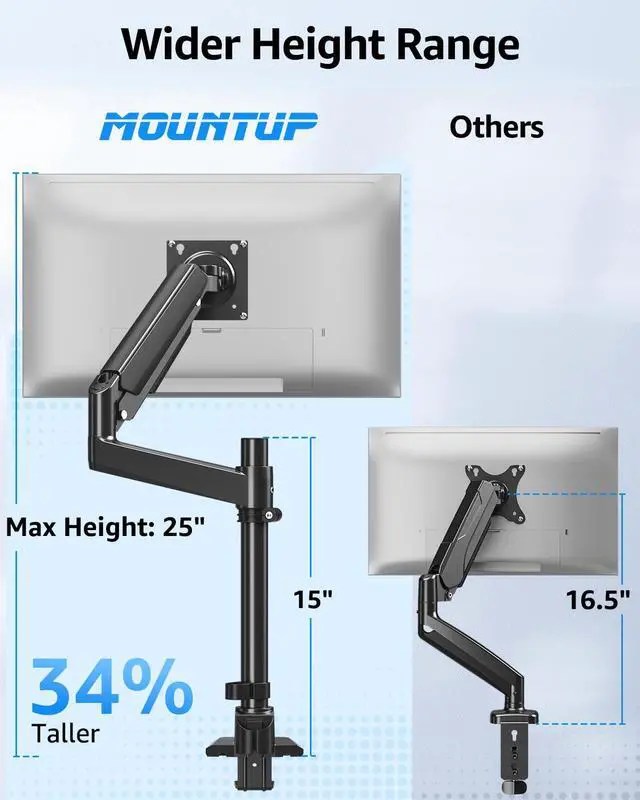 Alt view image 3 of 5 - MOUNTUP Heavy Duty Monitor Arm Fits Max 49" Ultrawide Screens, Ultra Wide Monitor Arm Holds 4.4-44 lbs, Single Monitors Stand for Samsung Odyssey G9 and More, Gas Spring Height Adjustable, VESA Mount
