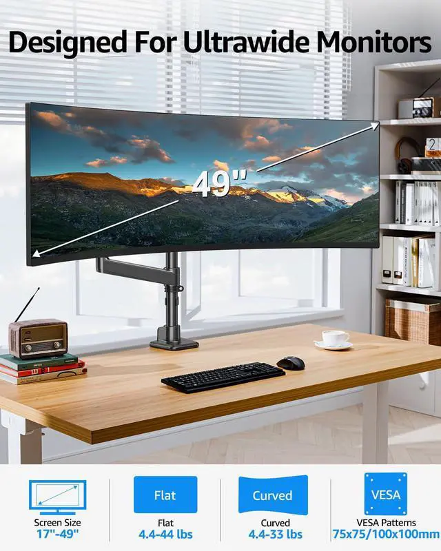 Alt view image 2 of 5 - MOUNTUP Heavy Duty Monitor Arm Fits Max 49" Ultrawide Screens, Ultra Wide Monitor Arm Holds 4.4-44 lbs, Single Monitors Stand for Samsung Odyssey G9 and More, Gas Spring Height Adjustable, VESA Mount