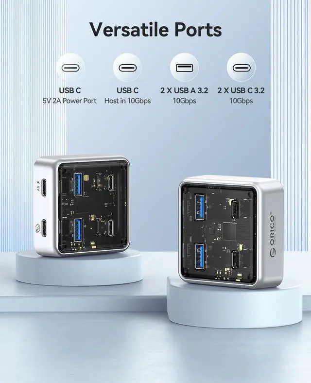Alt view image 3 of 5 - ORICO 10Gbps USB-C Hub, 4-Port Zinc Alloy USB 3.2 Splitter with 2 USB-A & 2 USB-C Ports, High-Speed Data Extender for Laptops, PCs, Desktops, and More (1.64Ft)