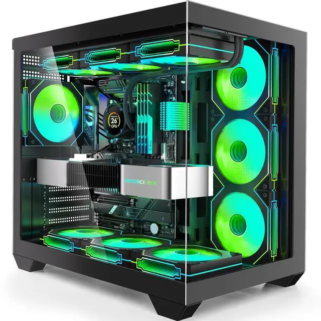 Main image of Gaming PC Case, ATX Cpmputer CASE with 7 PWM ARGB Fans Pre-Installed,Type-C Full-View Dual Tempered Glass, Mid Tower Computer CASE Black, (H4)